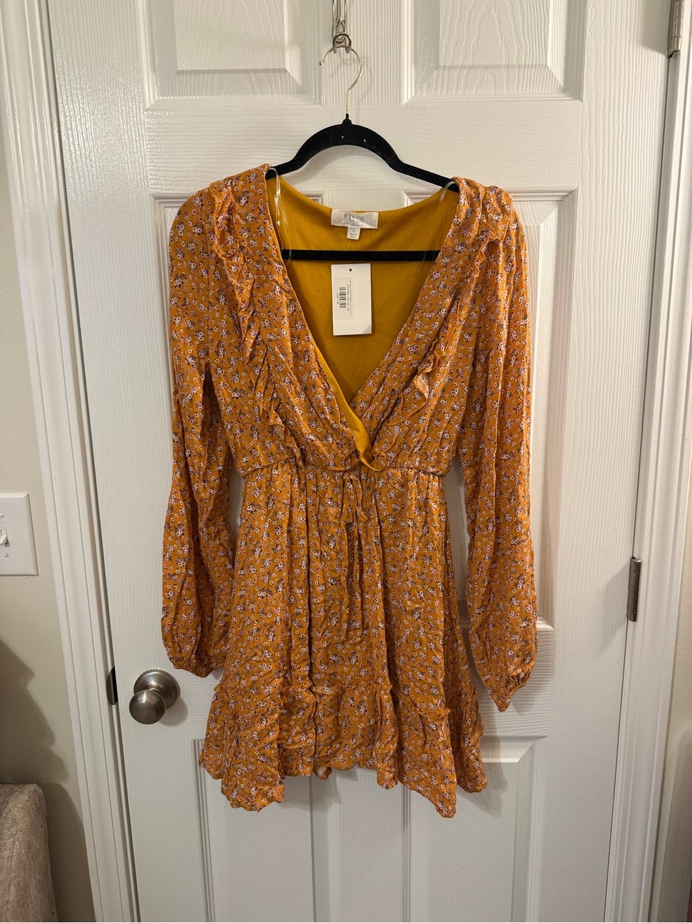 Peach Love California Mustard Floral Long-Sleeve Ruffle Mini Dress